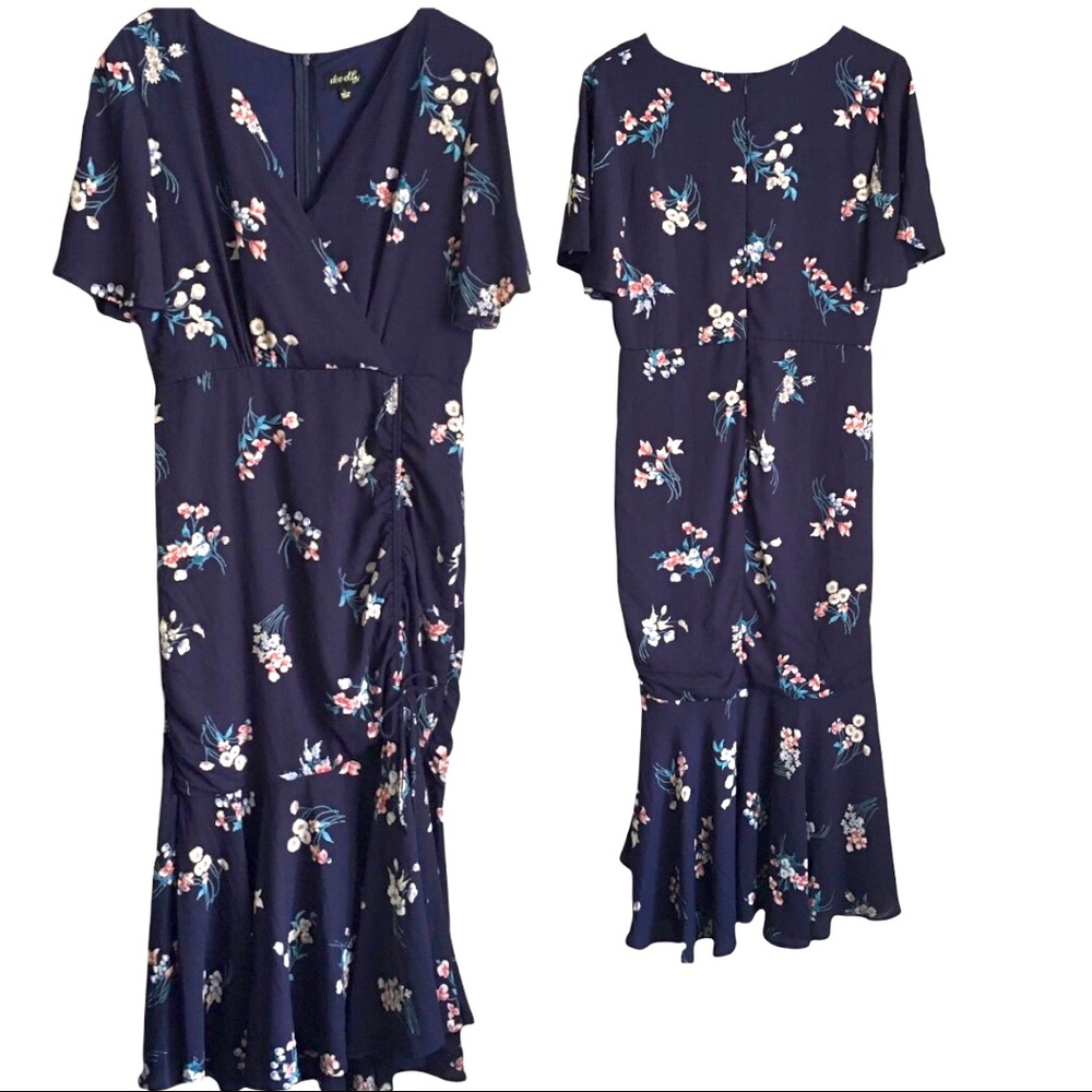 Dee Elly Navy Floral Faux Wrap Style Ruffle Hem Special Occasion Midi dress L